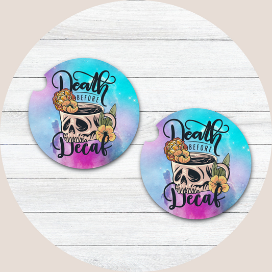 Death Before Decaf - Watercolor Neoprene Car Coaster