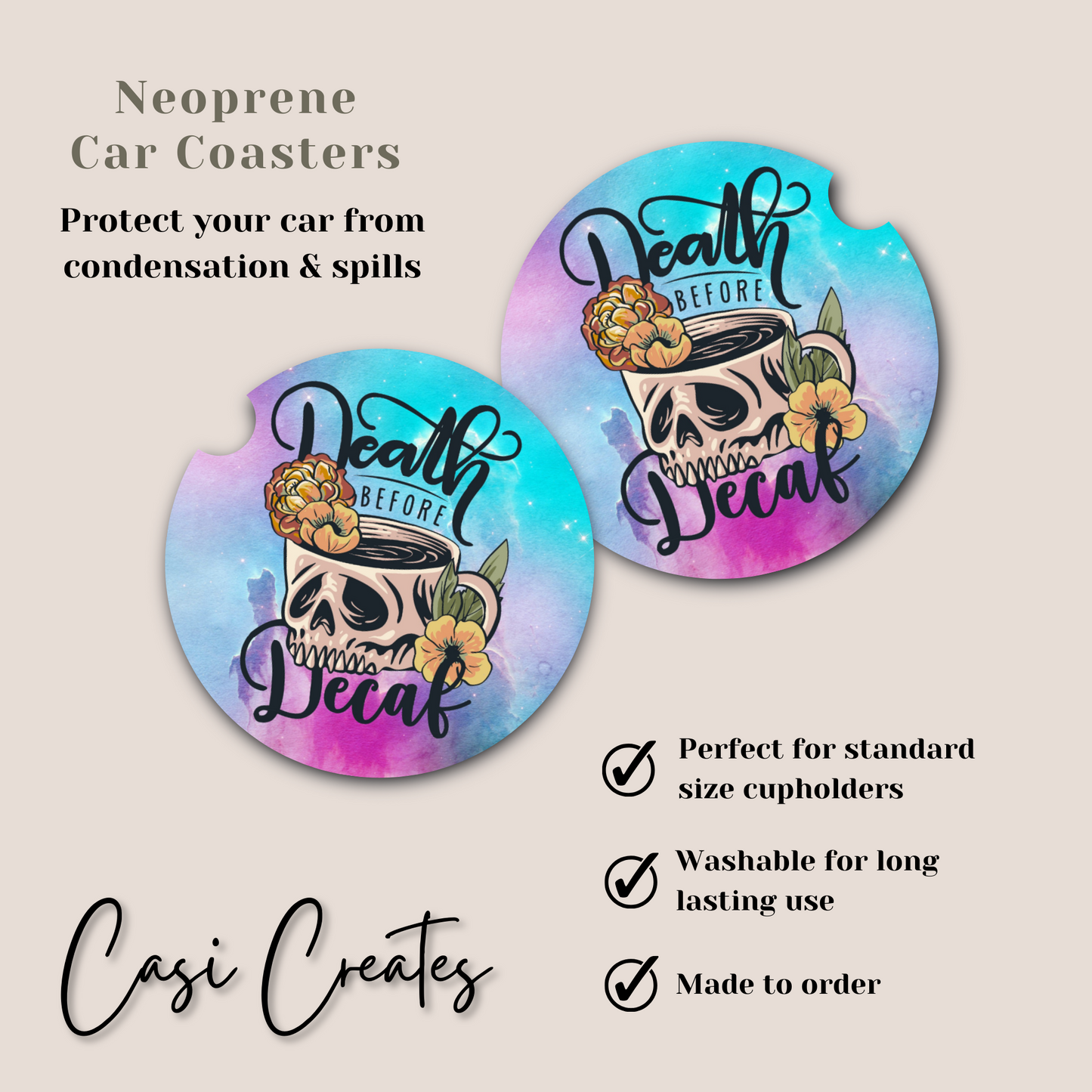 Death Before Decaf - Watercolor Neoprene Car Coaster