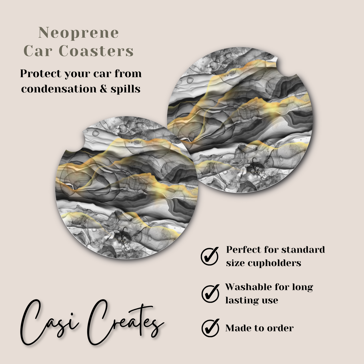 Black and Gold Marbled Neoprene Car Coaster
